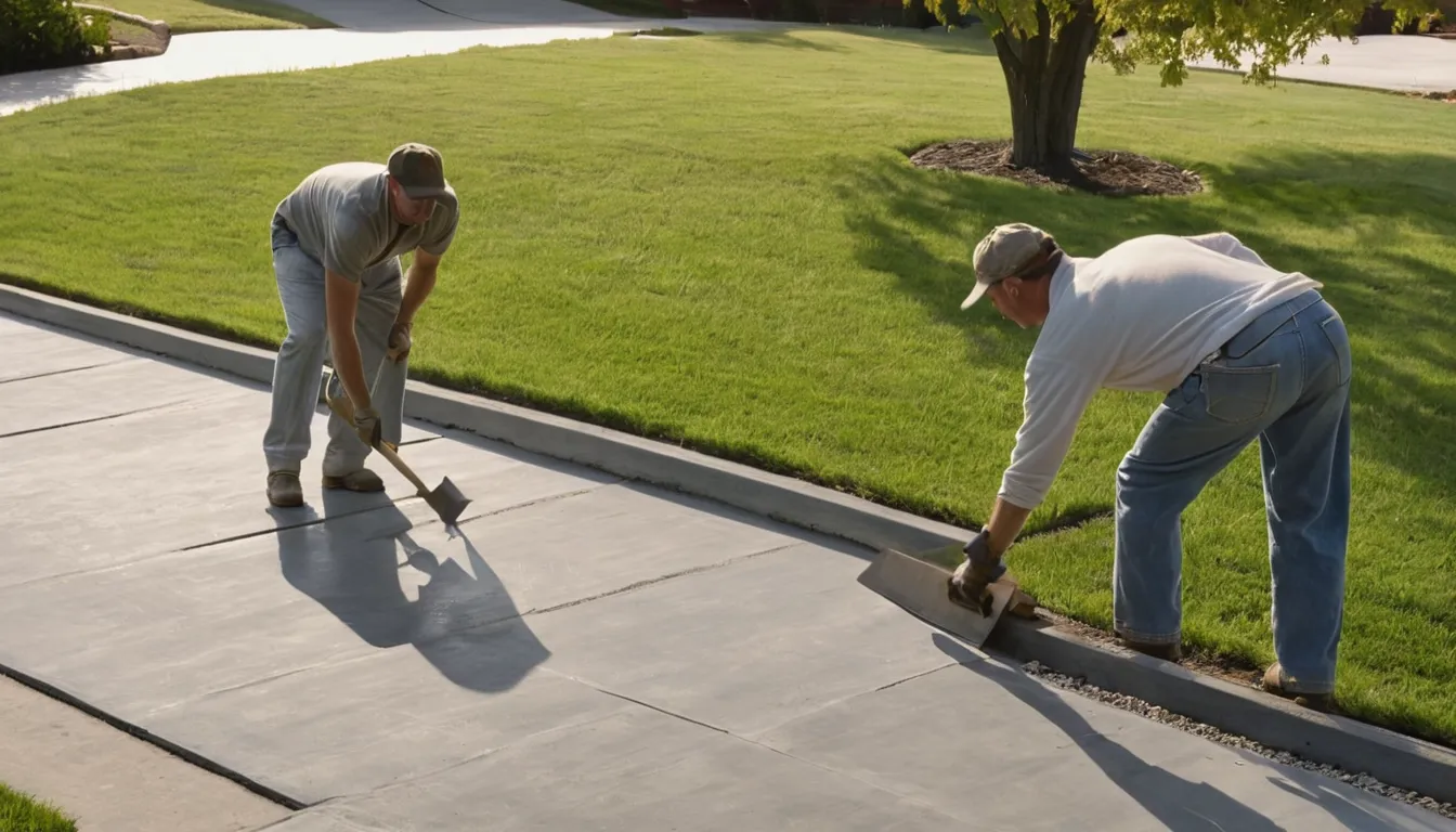 Fresh broom-finished concrete driveway beside a frame house in the North Prairie area on a clear spring morning
