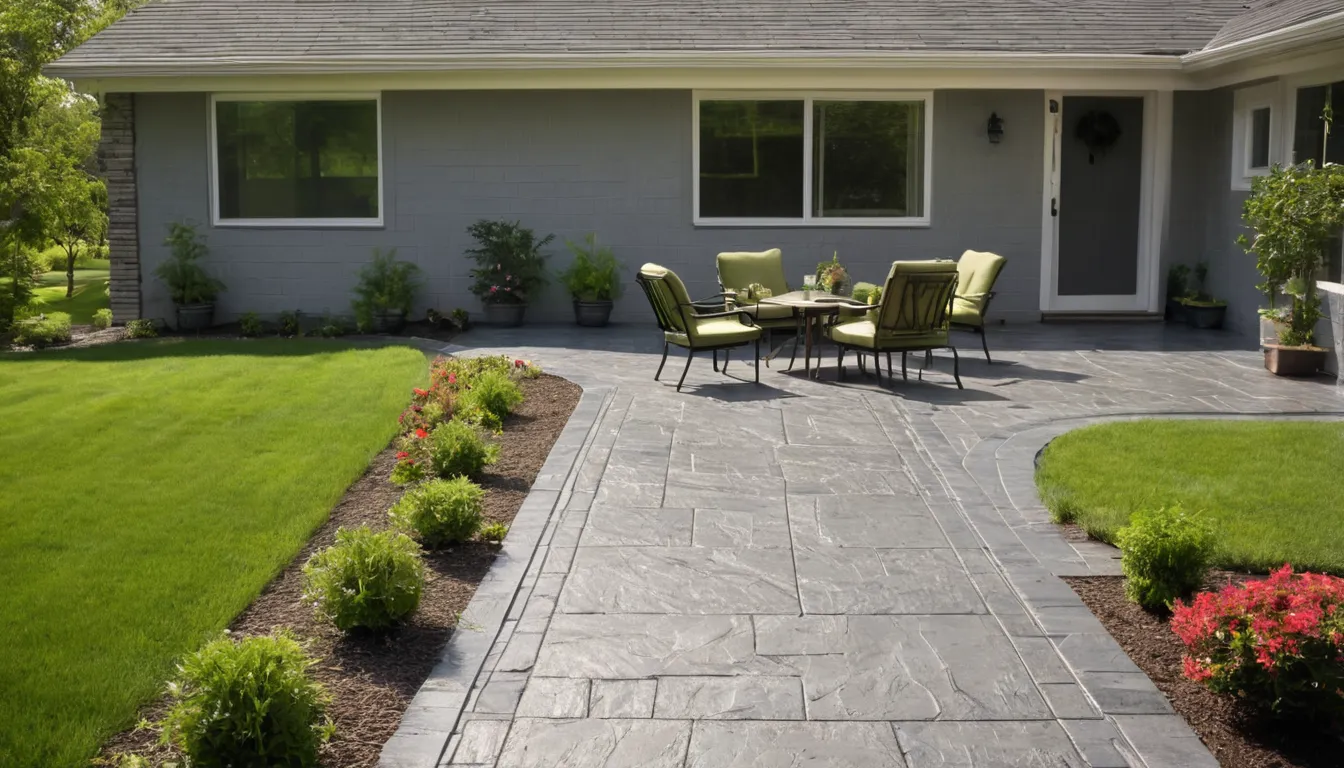 Stamped concrete patio with a slate pattern behind a North Prairie home, set with outdoor chairs